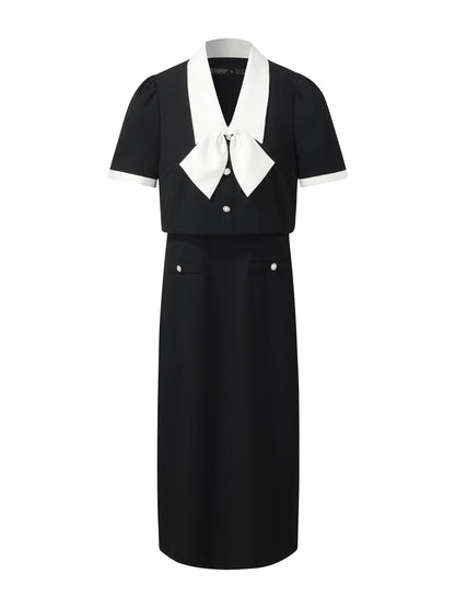 Faux Two-Piece Women Midi Dress With Detachable Bowknot