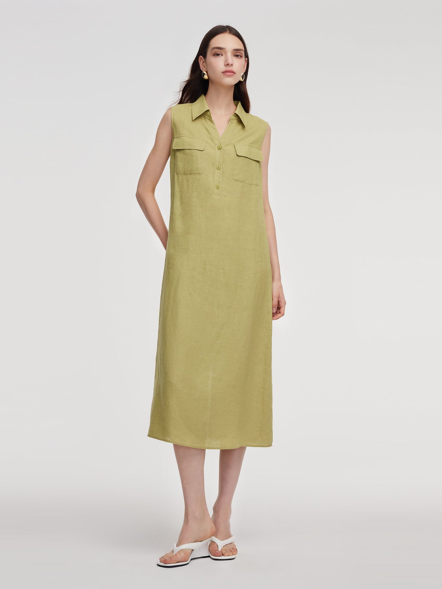 100% Linen Sleeveless Women Maxi Shirt Dress With Belt