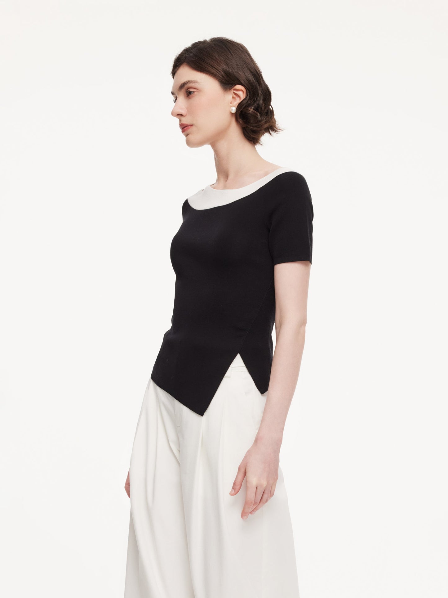 Tencel Blend Color Block Women Cut-Out Knit Top