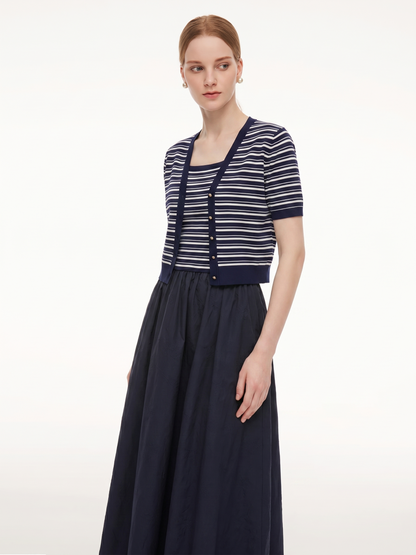 Tencel Blend Stripe Cardigan And Patchwork Strap Dress Two-Piece Set