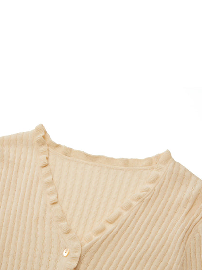 Cotton Mulberry Silk Blend Ruffle Trim Women Cardigan