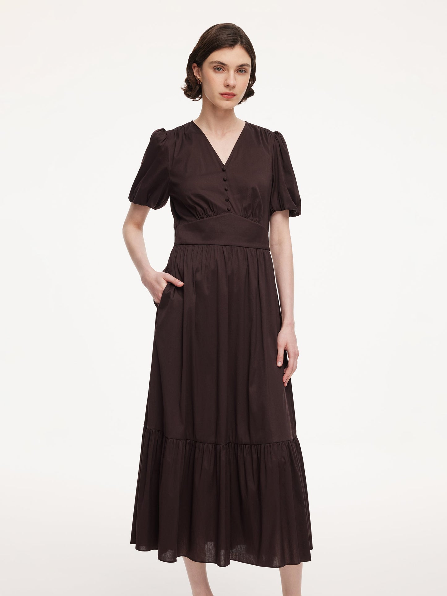 Cotton Blend V-Neck Women A-Line Tiered Maxi Dress