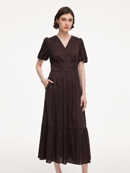 Cotton Blend V-Neck Women A-Line Tiered Maxi Dress