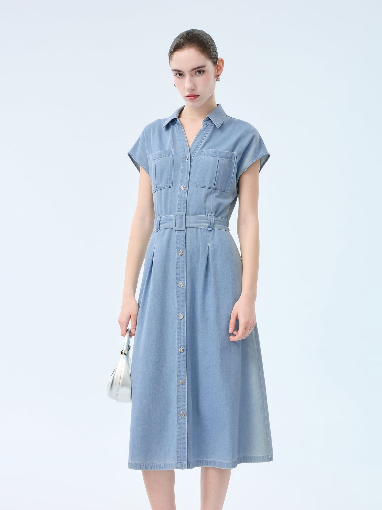 100% Cotton Denim Women V-Neck Maxi Shirt Dress With Belt