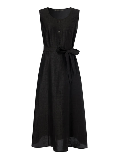 18MM Gambiered Canton Gauze Women Sleeveless Belted Maxi Dress