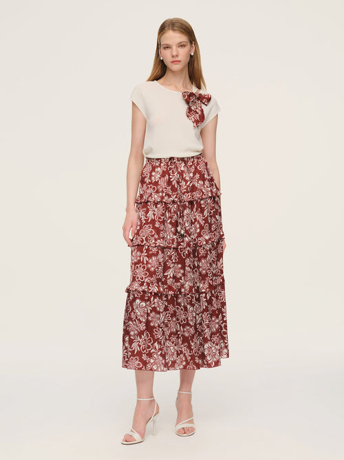 Cap Sleeve Knit Top And Marigold Floral Print Tiered Skirt Two-Piece Set With Silky Scarf