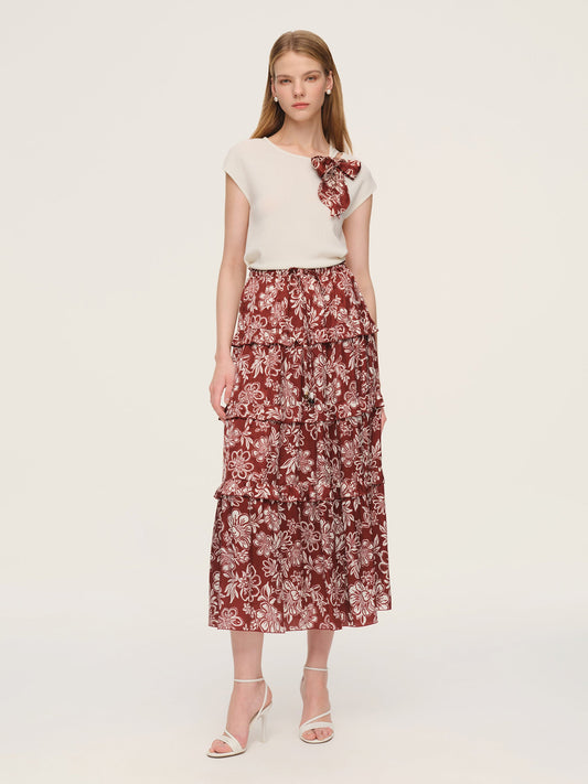 Cap Sleeve Knit Top And Marigold Floral Print Tiered Skirt Two-Piece Set With Silky Scarf