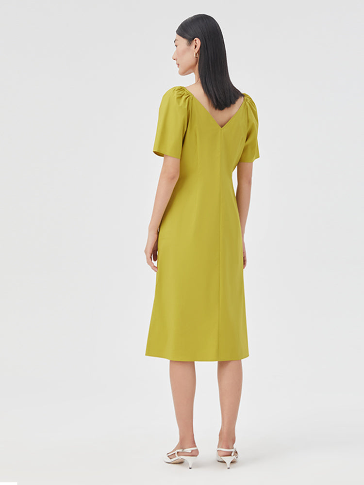 Puff Sleeve Gathered Pleated Midi Dress