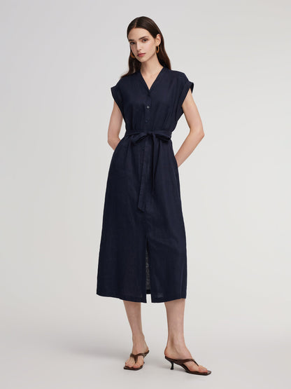 100% Linen V-Neck Women Self-Tie Belt Maxi Dress With Skirt Lining