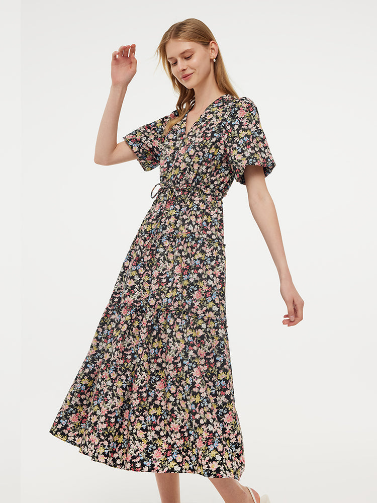 Cotton Puff Sleeve Drawstring Waist Floral Print Women Midi Dress
