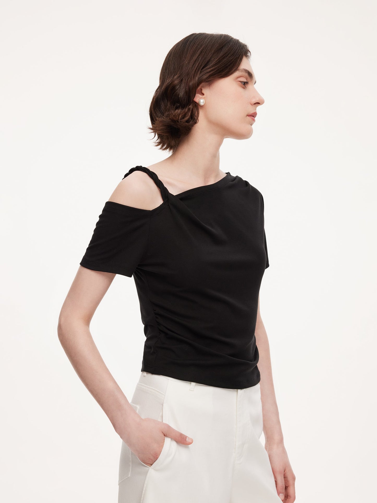 Tencel Blend Stretch One-Shoulder Women Knit Top