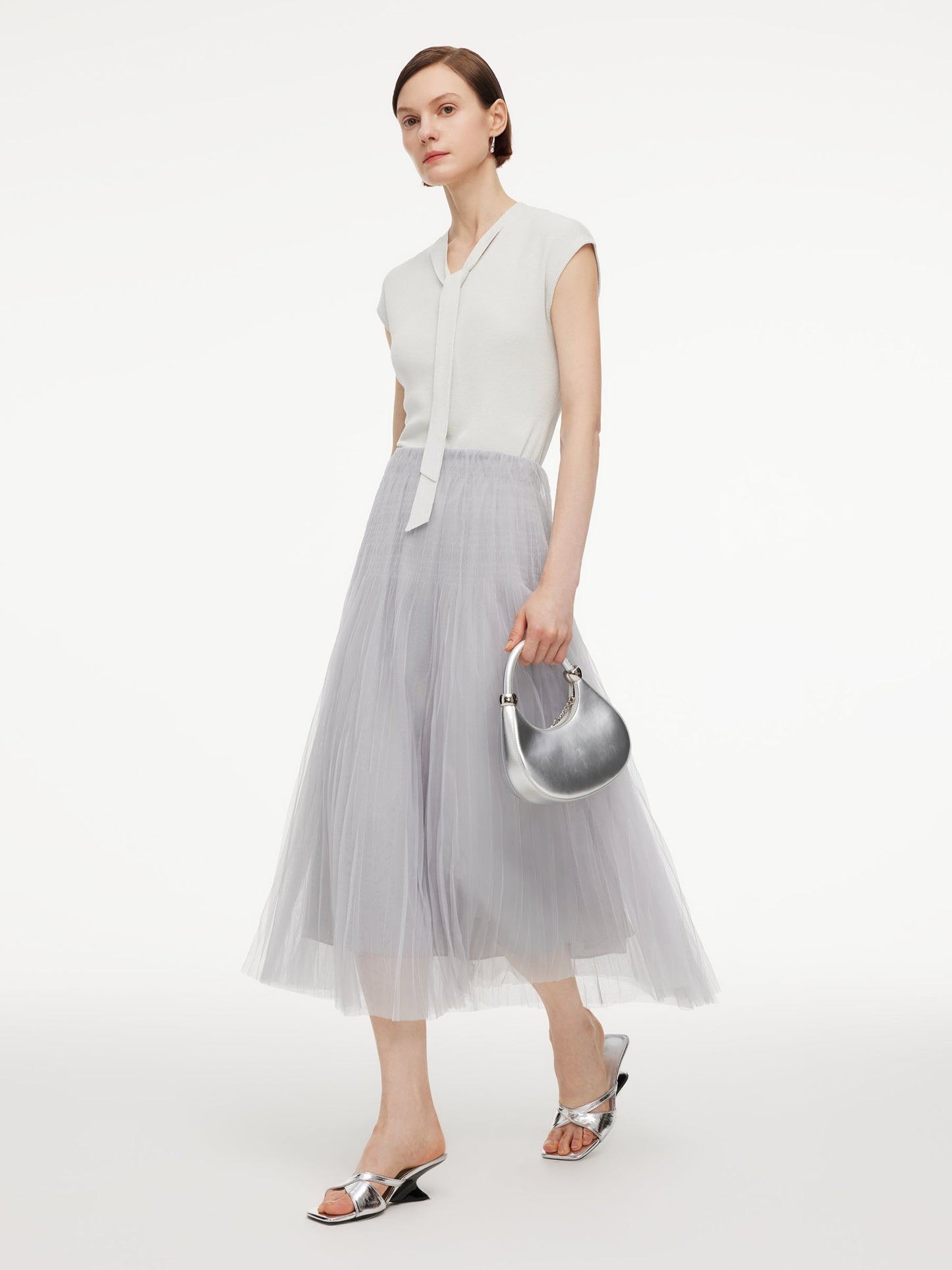 Elastic Waist A-Line Pleated Women Mesh Skirt