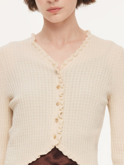 Cotton Mulberry Silk Blend Ruffle Trim Women Cardigan