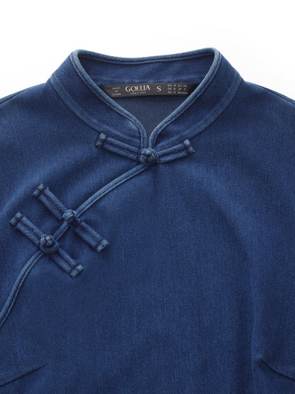 Denim Ruffle Hem Women Stretchy Knit Qipao Mini Dress