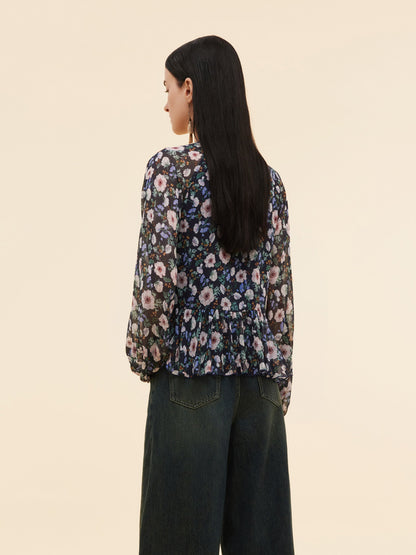 10MM Mulberry Silk Floral Print Women Ruffle V-Neck Blouse