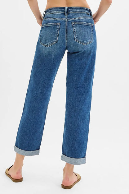 RISEN Full Size Mid Rise Boyfriend Roll Up Jeans Plus Size