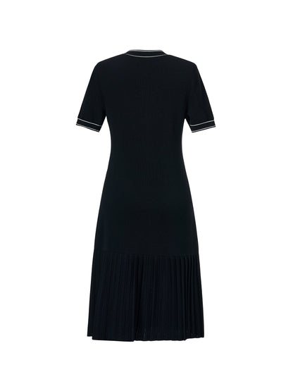 Tencel Blend Contrast Trim Women Pleated Hem Knit Mini Dress