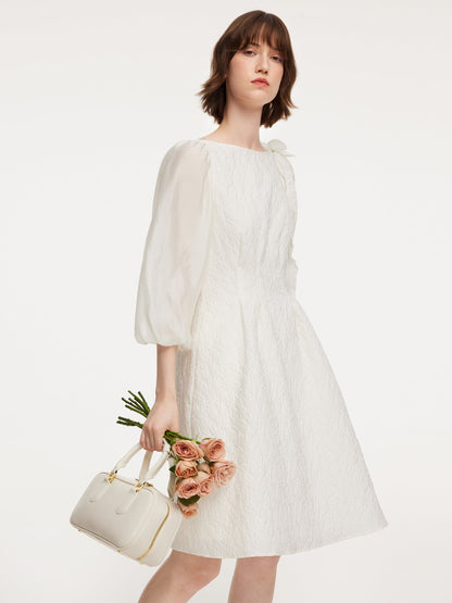 Jacquard Boat Neck Women Midi Dress With Detachable Flower