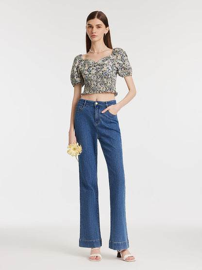 Floral Print Square Neck Puff Sleeves Women Blouse
