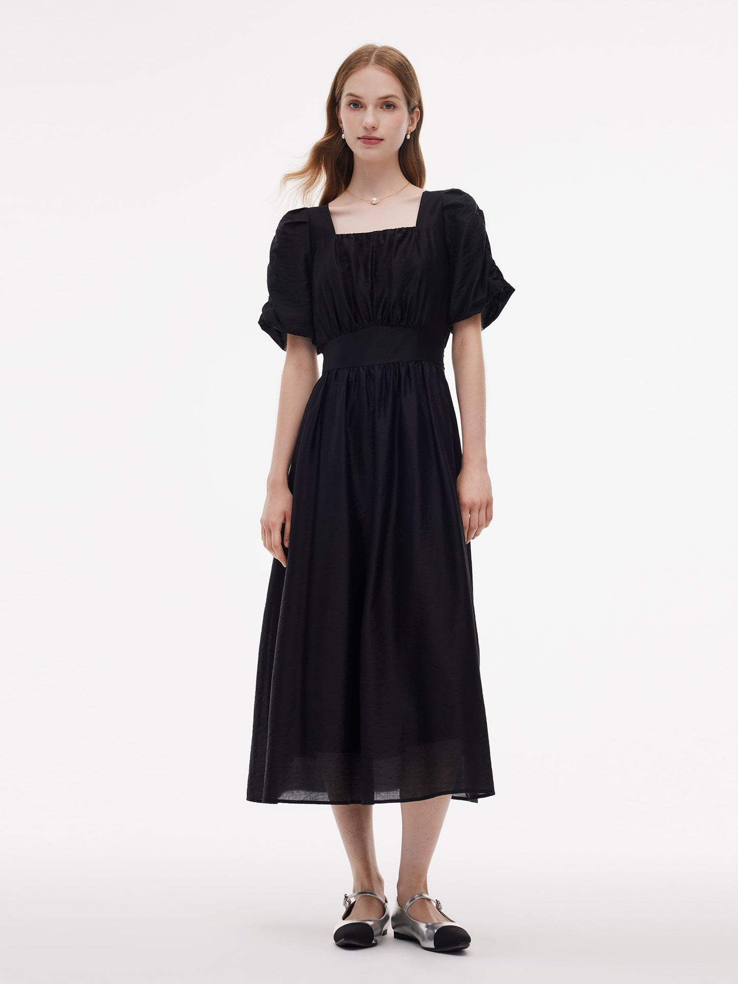 Tencel Blend Square Neck Women Puff Sleeve Maxi Dress