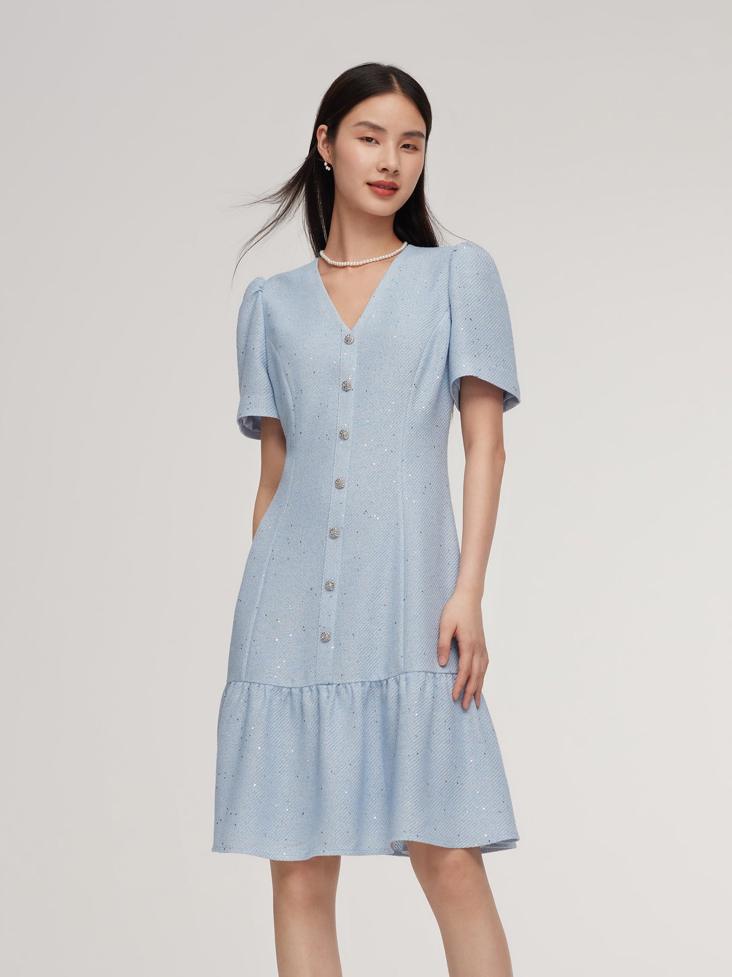 Acetate Blend Tweed Sequins Women Mini Dress