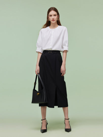 Pre-Order 3/4 Sleeve Shirt And Front Slit Skirt Two-Piece Set With Leather Belt