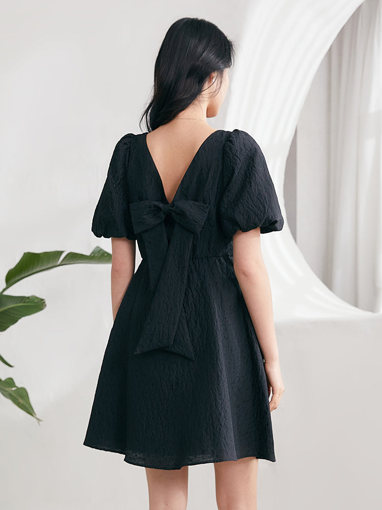 Detachable Bowknot Jacquard Mini Dress