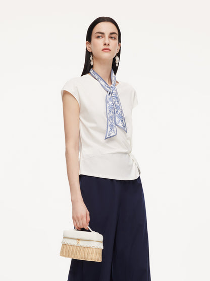 Tencel Blend Twist Front Top And Wide Leg Pants Two-Piece Set With Silk Scarf