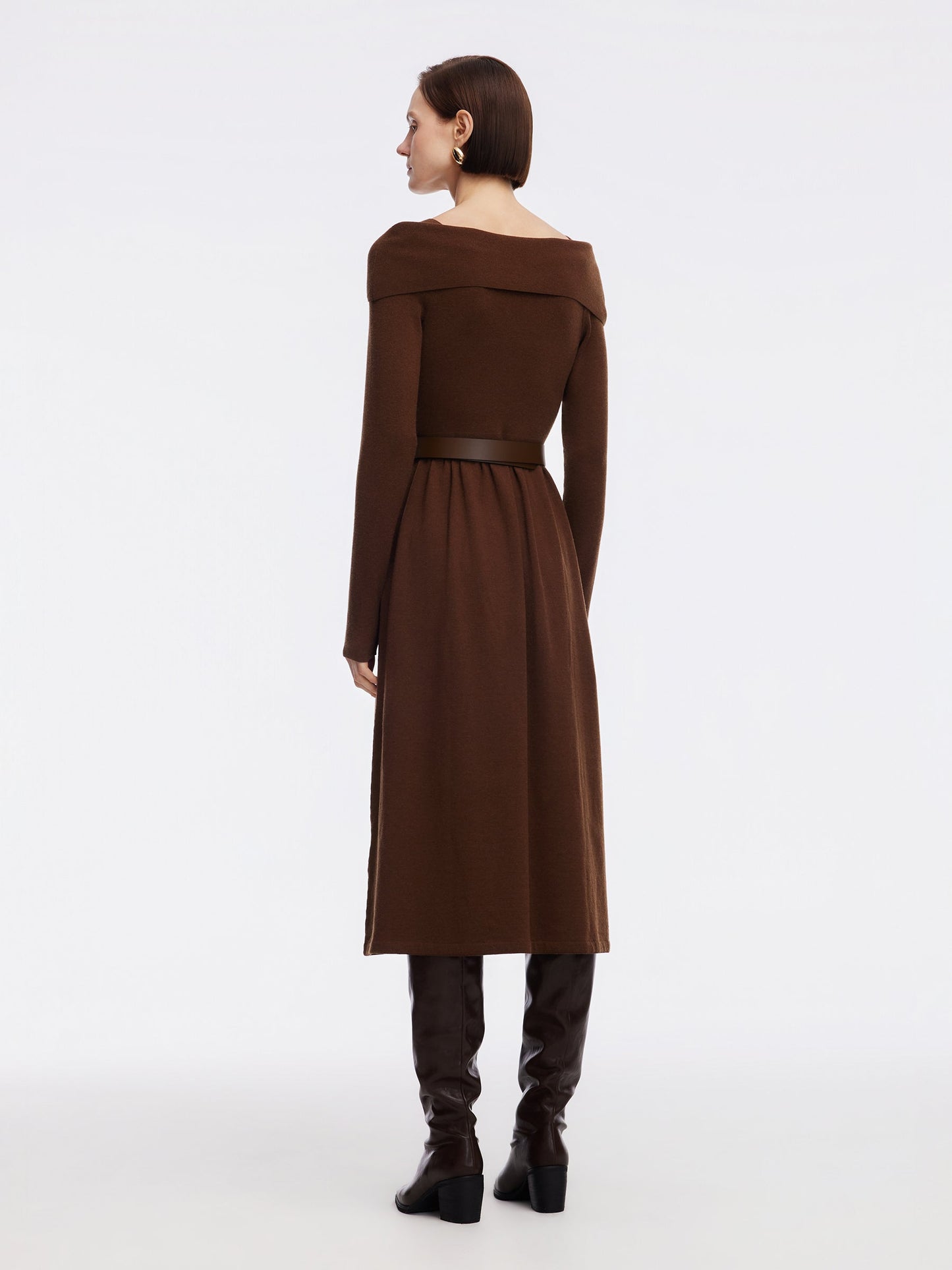 Tencel Wool Blend Boat Neck Women Knit Maxi Dress With Leather Belt