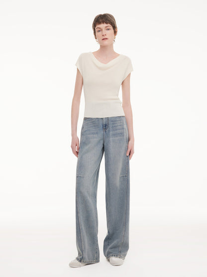 Tencel Mulberry Silk Cowl Neck Women Cap Sleeve Knit Top