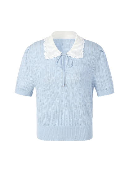 Tencel Blend Color Block Tie Front Women Openwork Knit Top