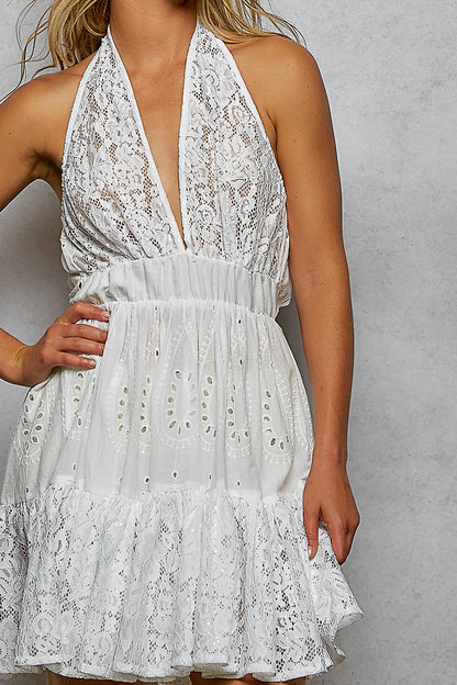 POL Halter Lace Patch Ruffle Mini Dress with Adjustable Tie on Back