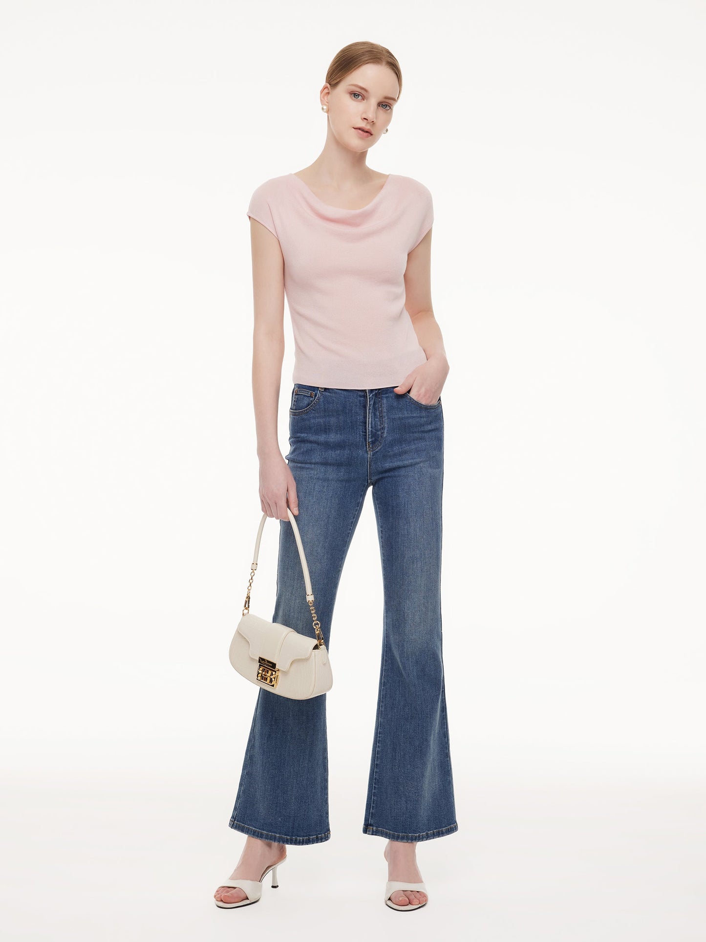 Tencel Mulberry Silk Cowl Neck Women Cap Sleeve Knit Top