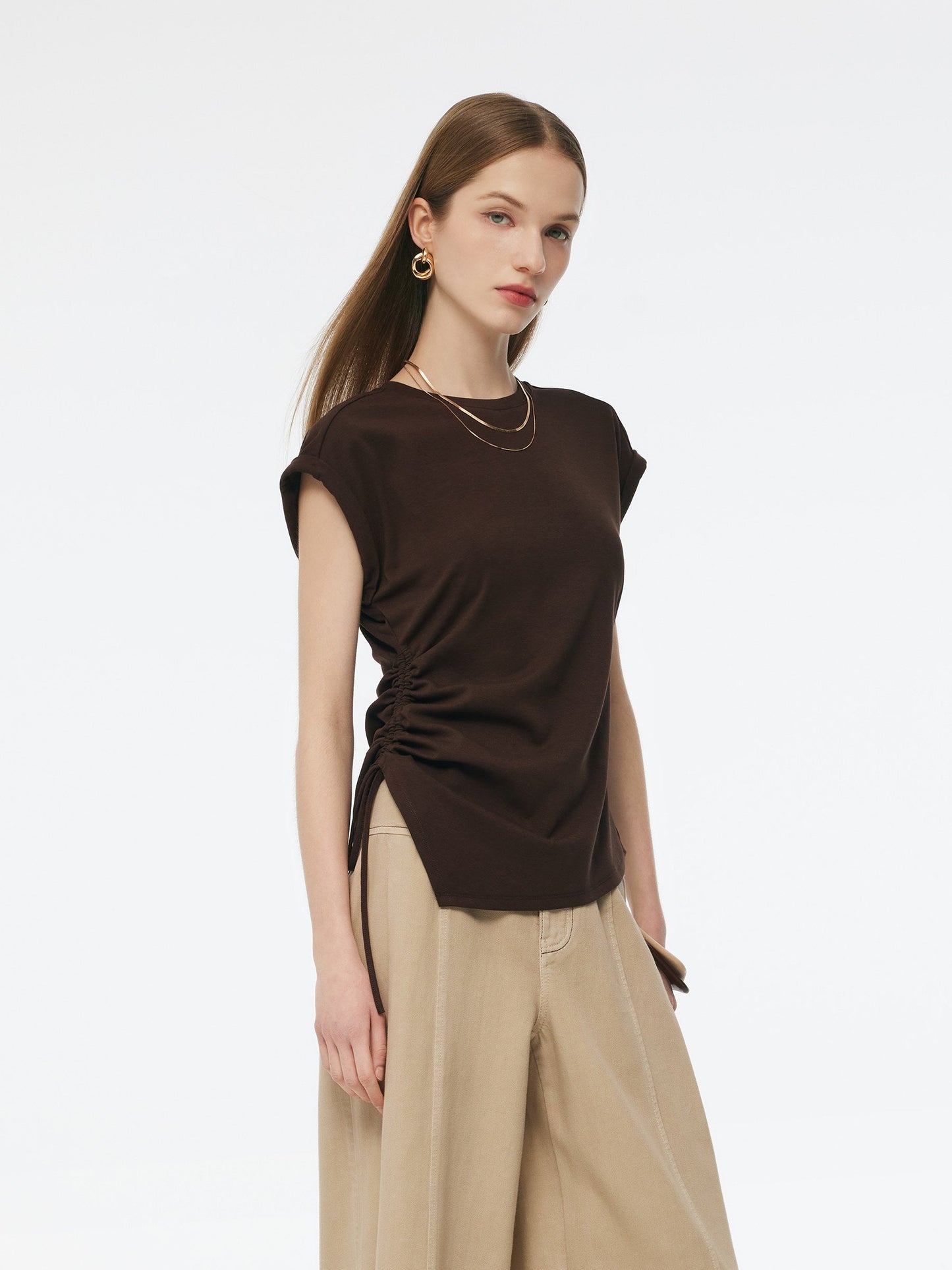 Stretch Asymmetric Hem Women Drawstring Cap Sleeve Knit Top