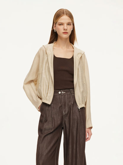 Tencel Acetate Linen Blend Women Zip-Up Hooded Cropped Jacket
