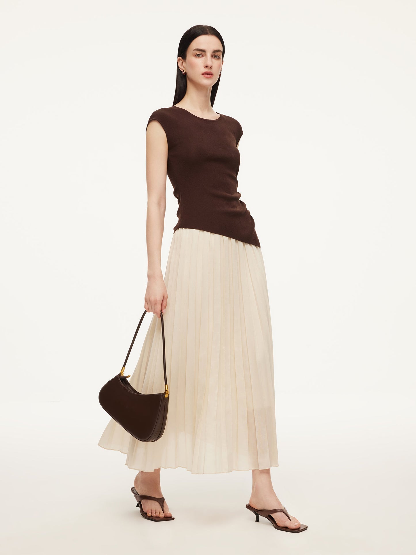 Modal Acetate Blend Asymmetrical Hem Knit Top And Pleated Skirt Two-Piece Set