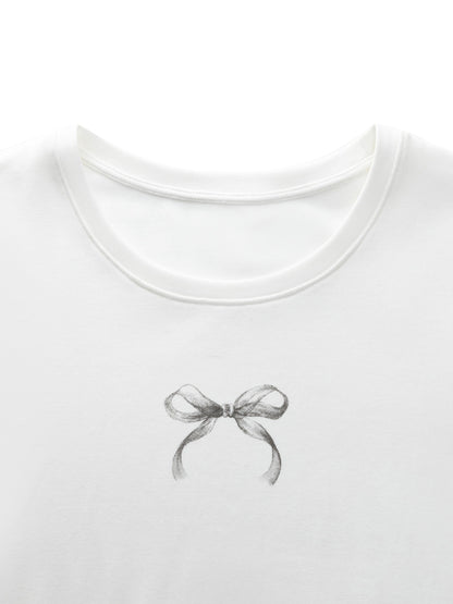 Bowknot Print Gathered Waist Women T-Shirt