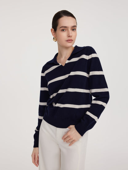 100% Wool Stripe Women Polo Sweater