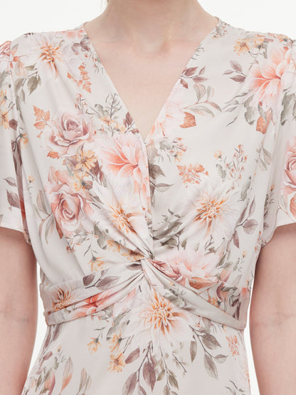19MM Mulberry Silk Floral Print Twist Front Women Midi Dress
