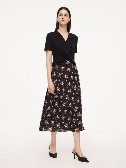 16MM Mulberry Silk Acetate Blend Patchwork Women Side Slit Maxi Dress