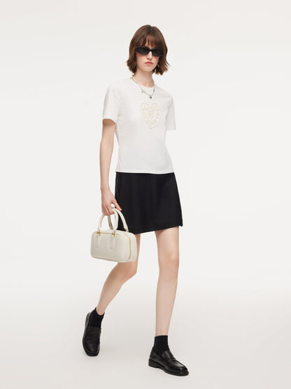 Cotton Blend Round Neck Tape Embroidered Women T-Shirt