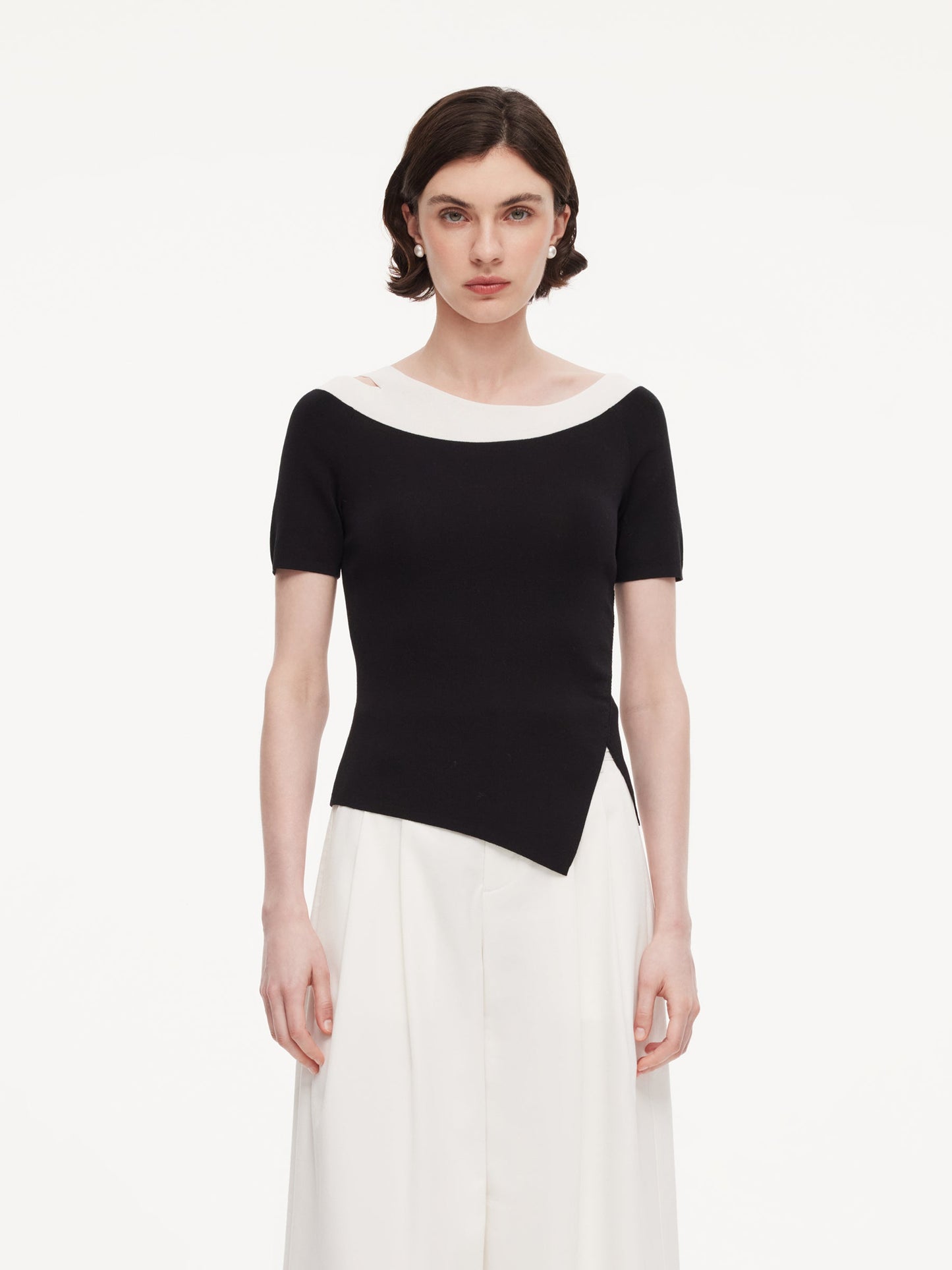 Tencel Blend Color Block Women Cut-Out Knit Top