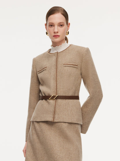 100% Washable Wool Jacket And Skirt Two-Piece Set With Belt