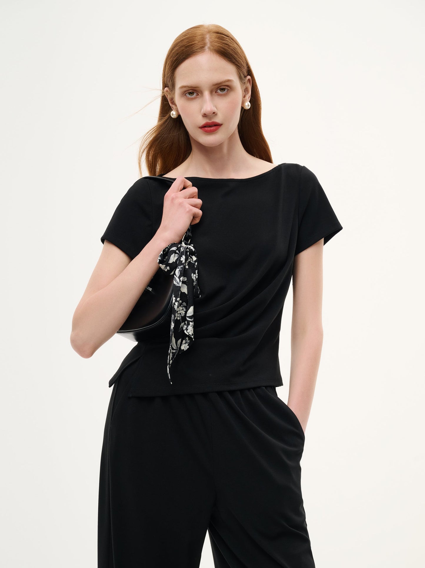 Boat Neck Side Ruched Top And Pants Two-Piece Set With Floral Print Scarf