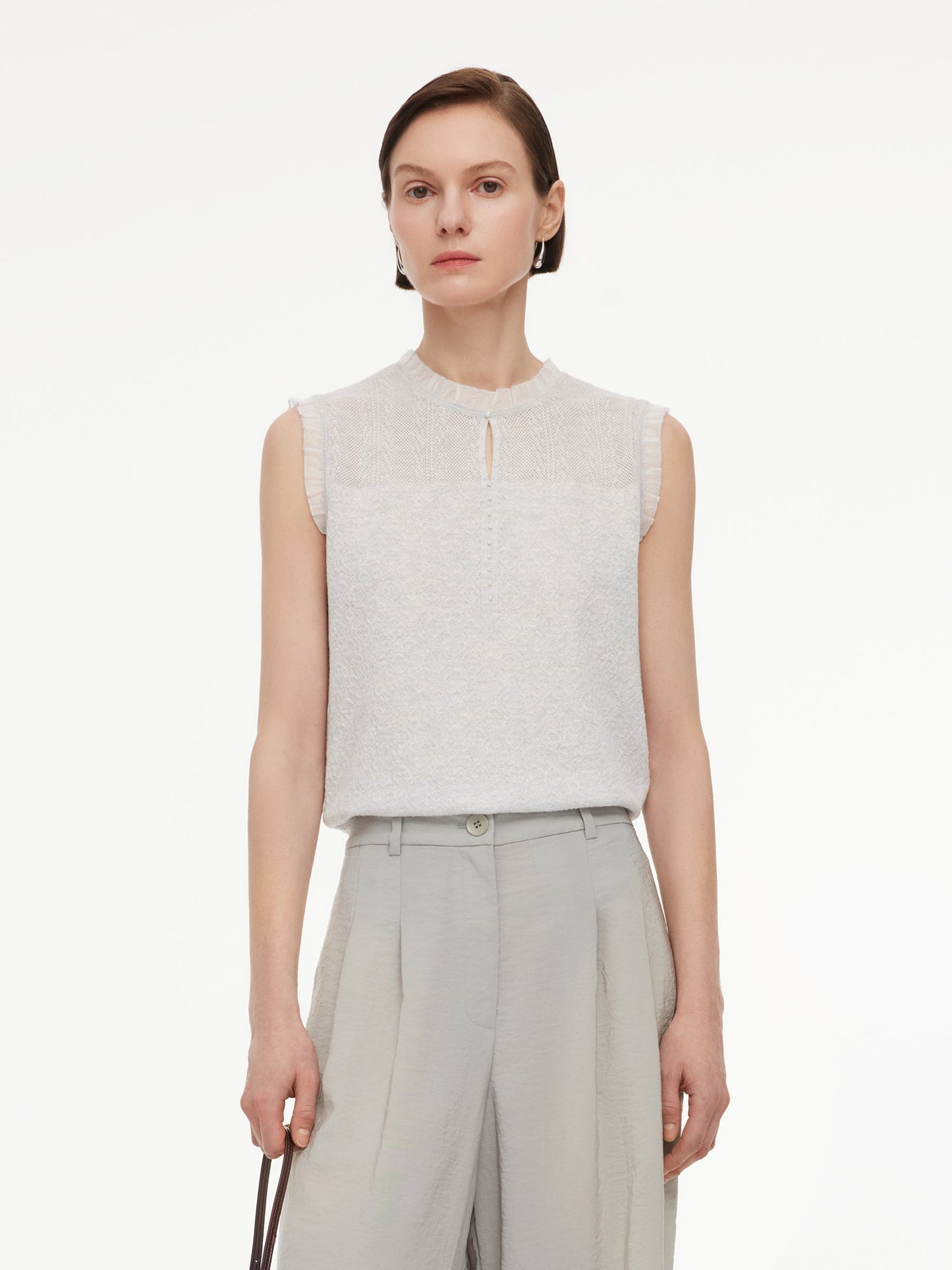 Jacquard Cut Out Neckline Women Ruffle Knit Tank Top