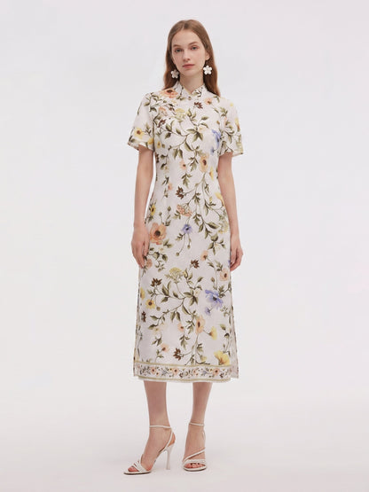 Tencel Linen Blend Floral Print Women Qipao Maxi Dress