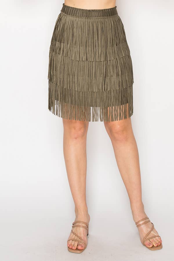 Origami - Olive Knee Length Layered Fringe Tiered Skirt