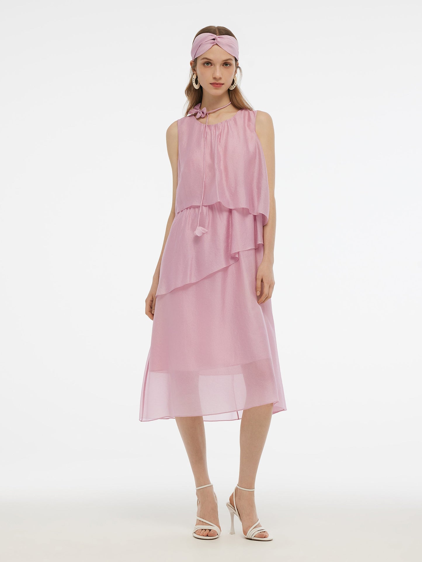 Ruffle Women Tiered Vest Midi Dress With Hairband And Bowknot Choker
