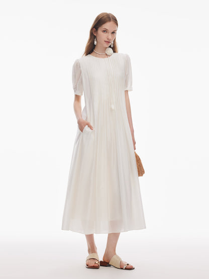 Tencel Blend Pleated Women Loose A-Line Maxi Dress