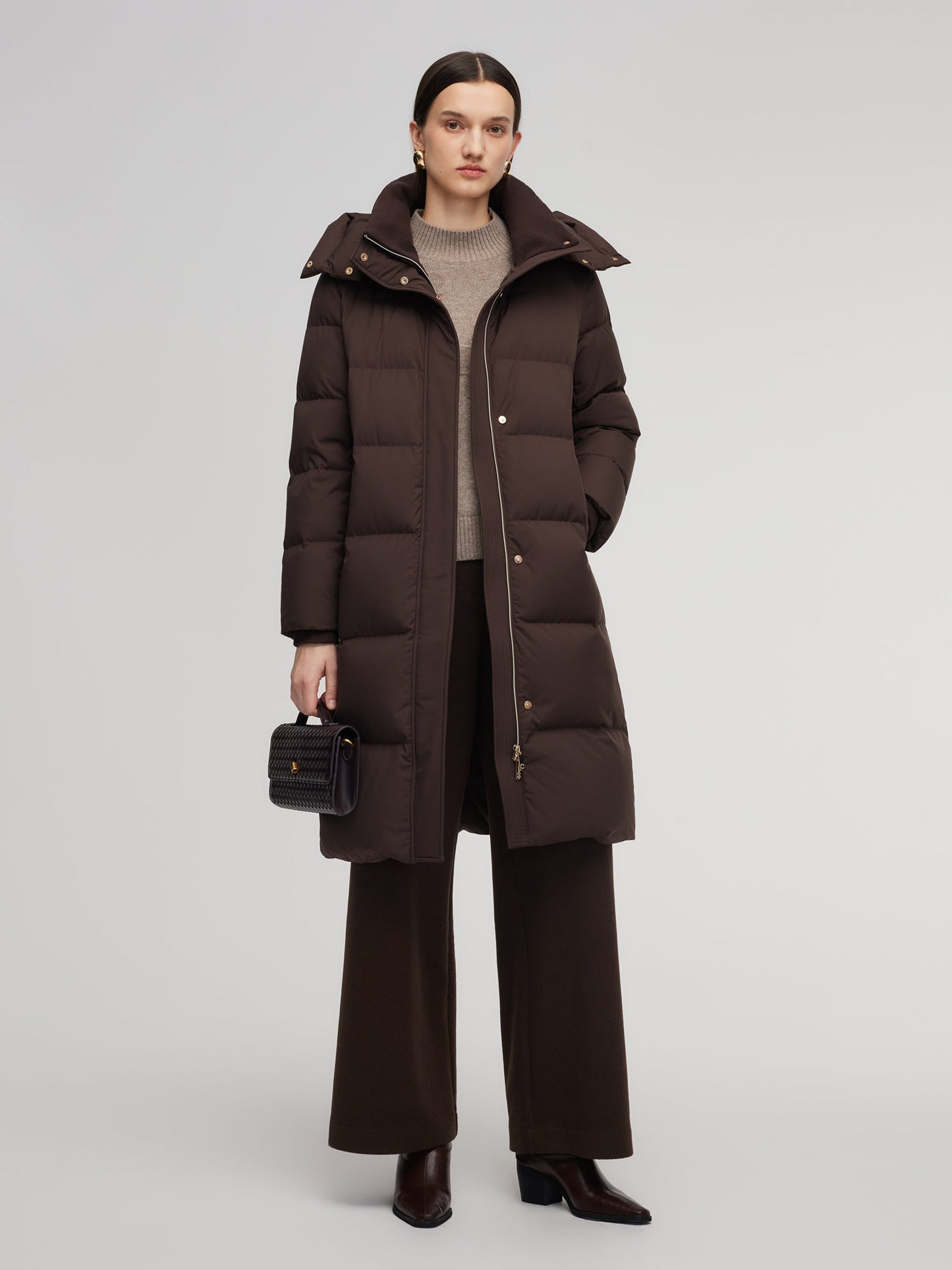 H-Line Knit Collar Long Goose Down Coat With Detachable Hood